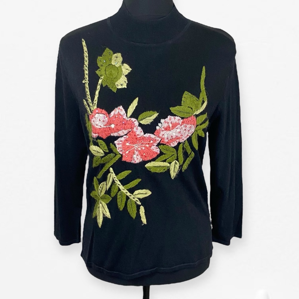 Y2K 2000s Cabo Chic Black Floral Embroidered Long Sleeve Top blouse L
